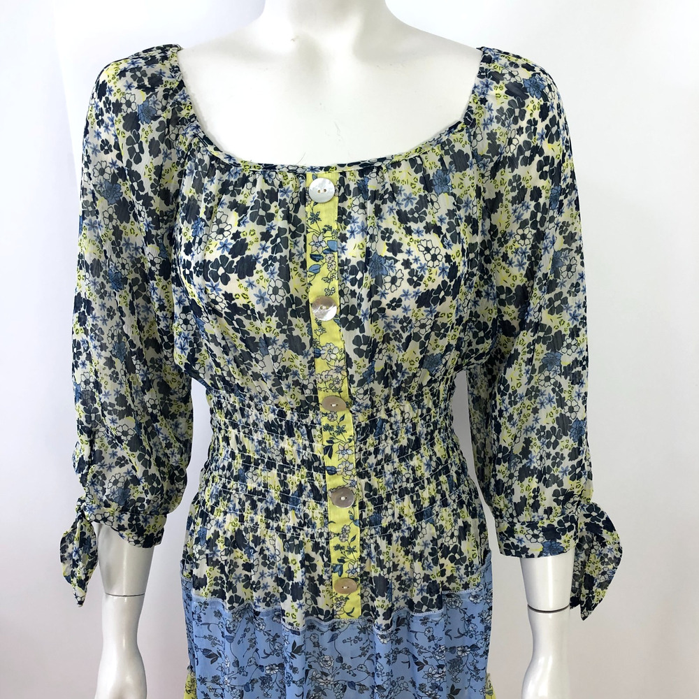 Figueroa & Flower MED Sheer Smock BOHO Above Knee Dress Elastic Torso Floral